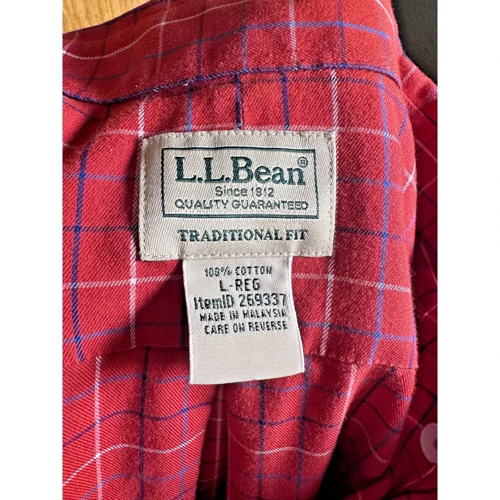 L.L. Bean Red/Maroon Plaid‎ Long-Sleeve Cotton Wrinkle Resistant Shirt Mens L
